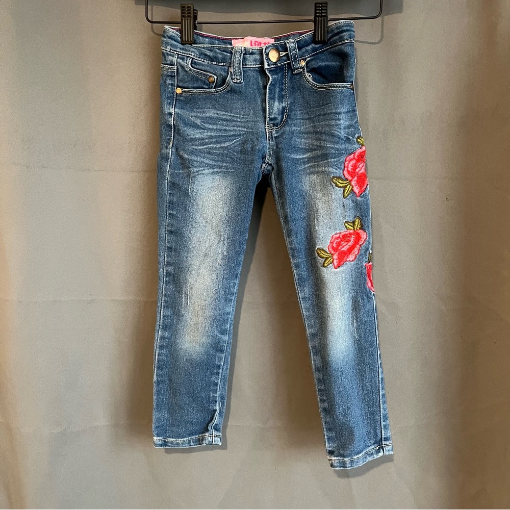 Pink Latte - 4T - Girls - Jeans - Rose embroidery on leg
